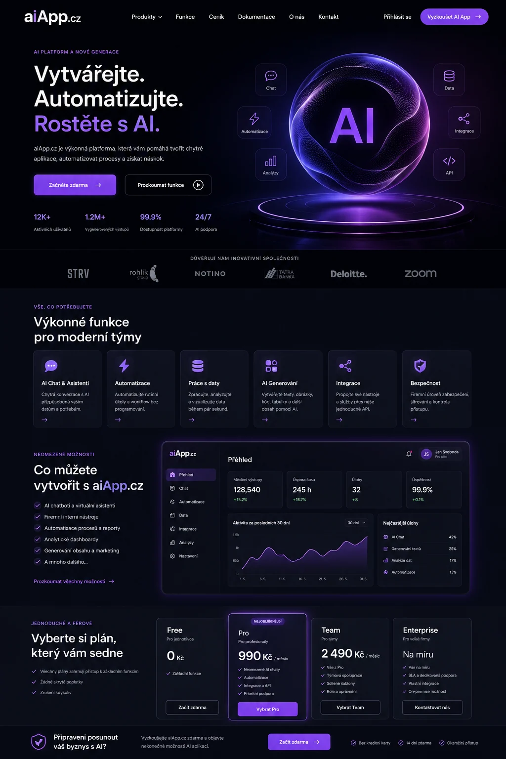 Tmavý ilustrační návrh platformy aiApp.cz pro AI chat, automatizaci, data a integrace